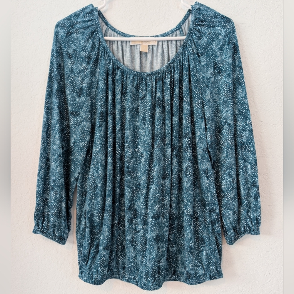 Michael Michael Kors Women Teal White Patterns Long Sleeve Blouse Size Small